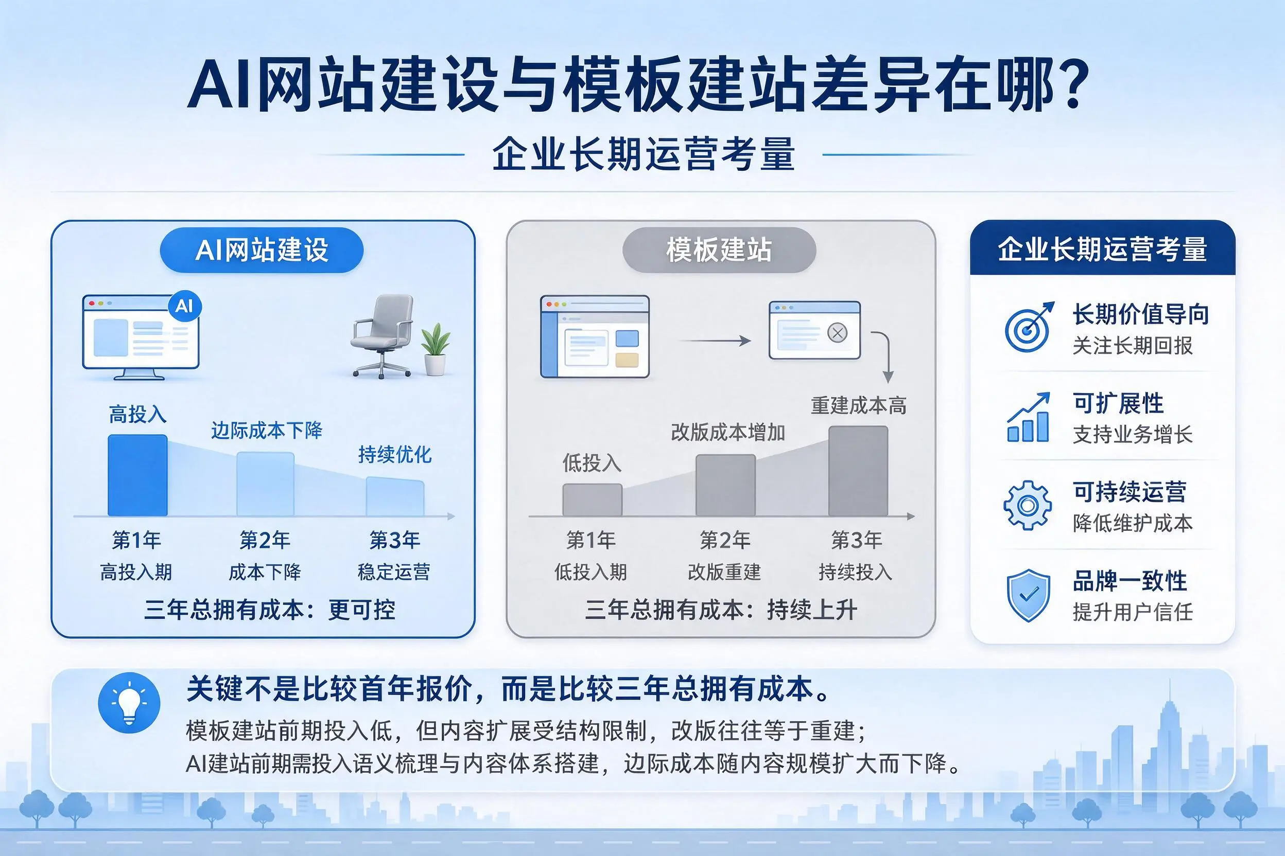 AI网站建设与模板建站差异在哪?胡杨河企业长期运营考量